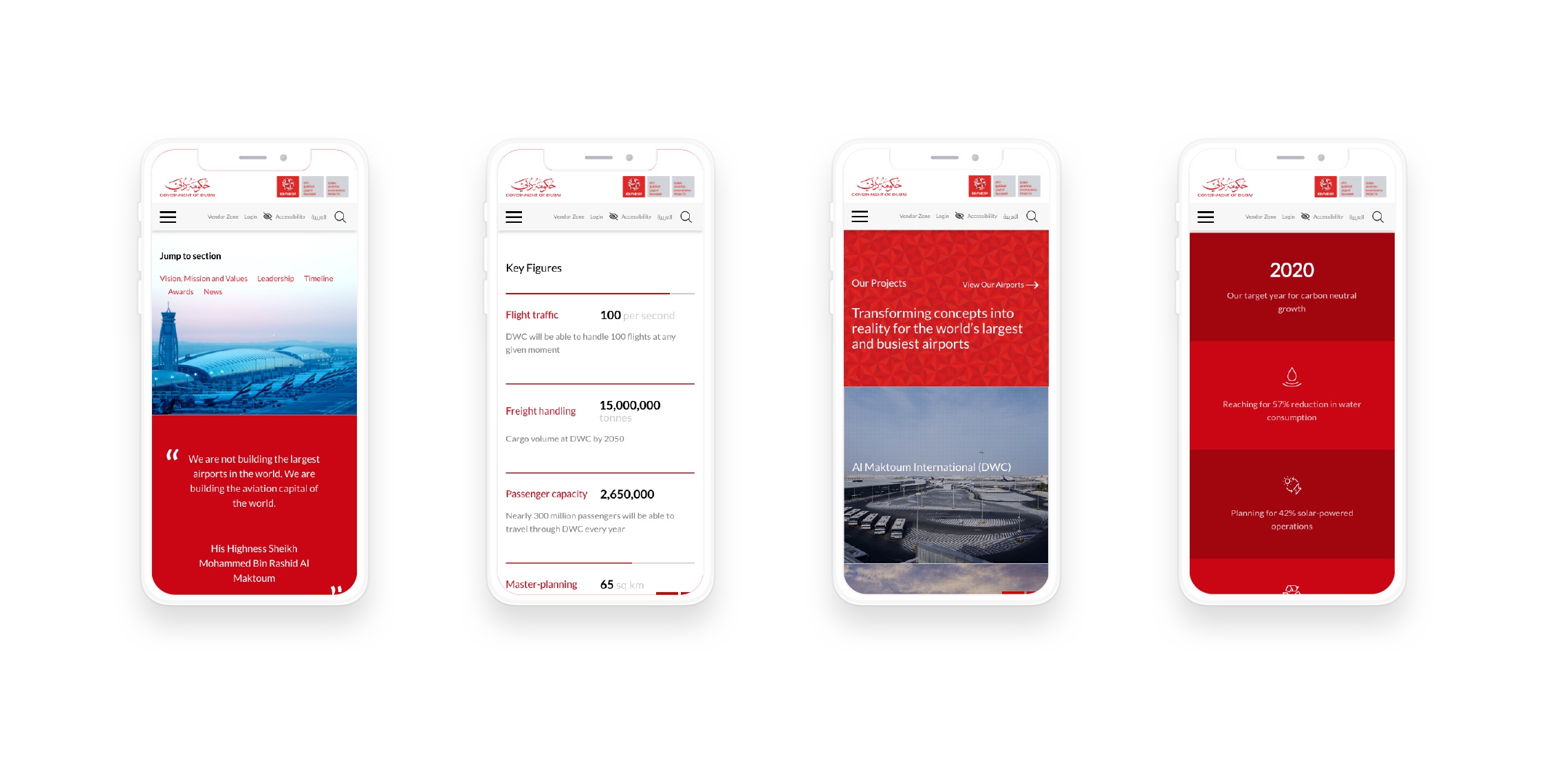 a set of four mobile screens displaying a different pages executed by UX designers, copywriters, and developers who worked together to deliver a complete website