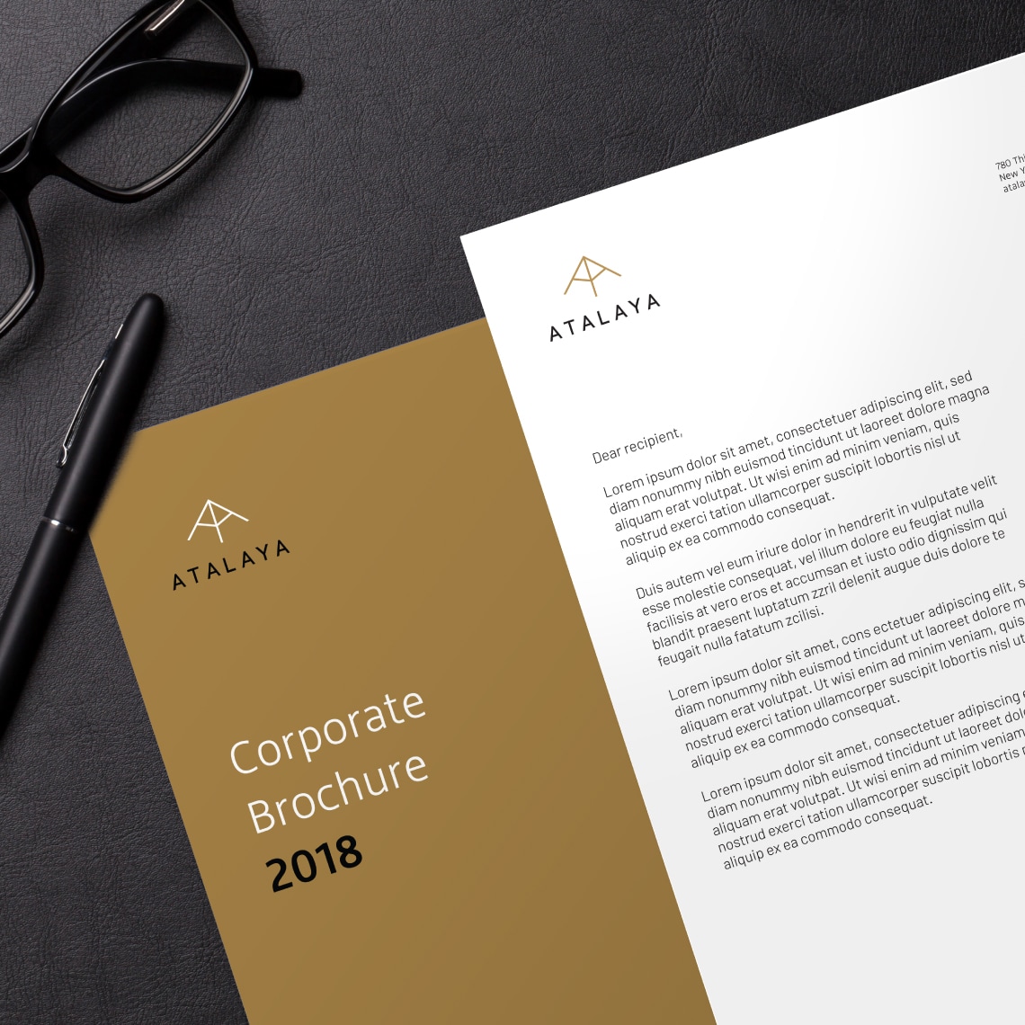 examples of printed material including letterhead and corporate brochure