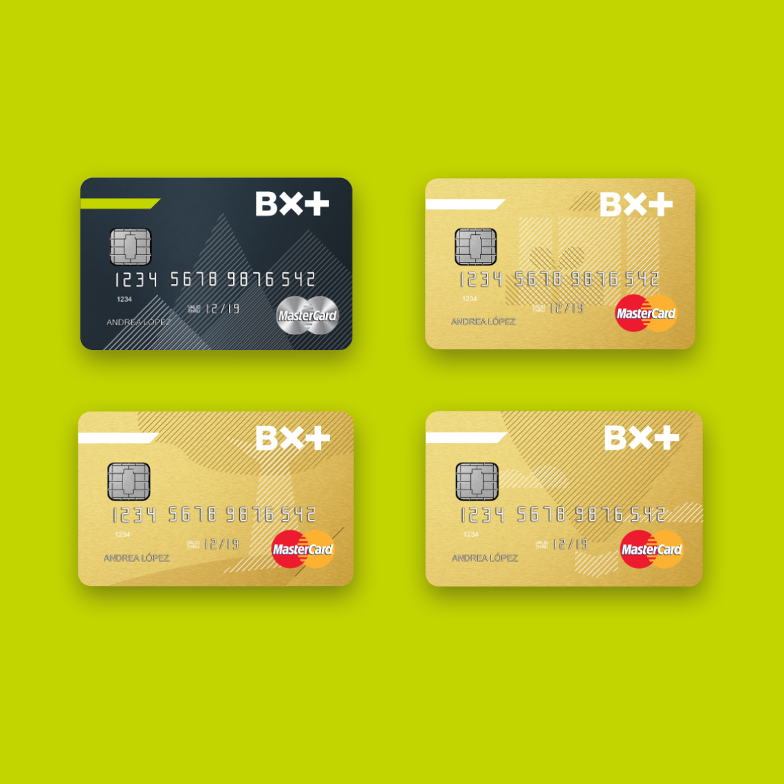 Examples of credit cards with the brand identity of BX+ applied