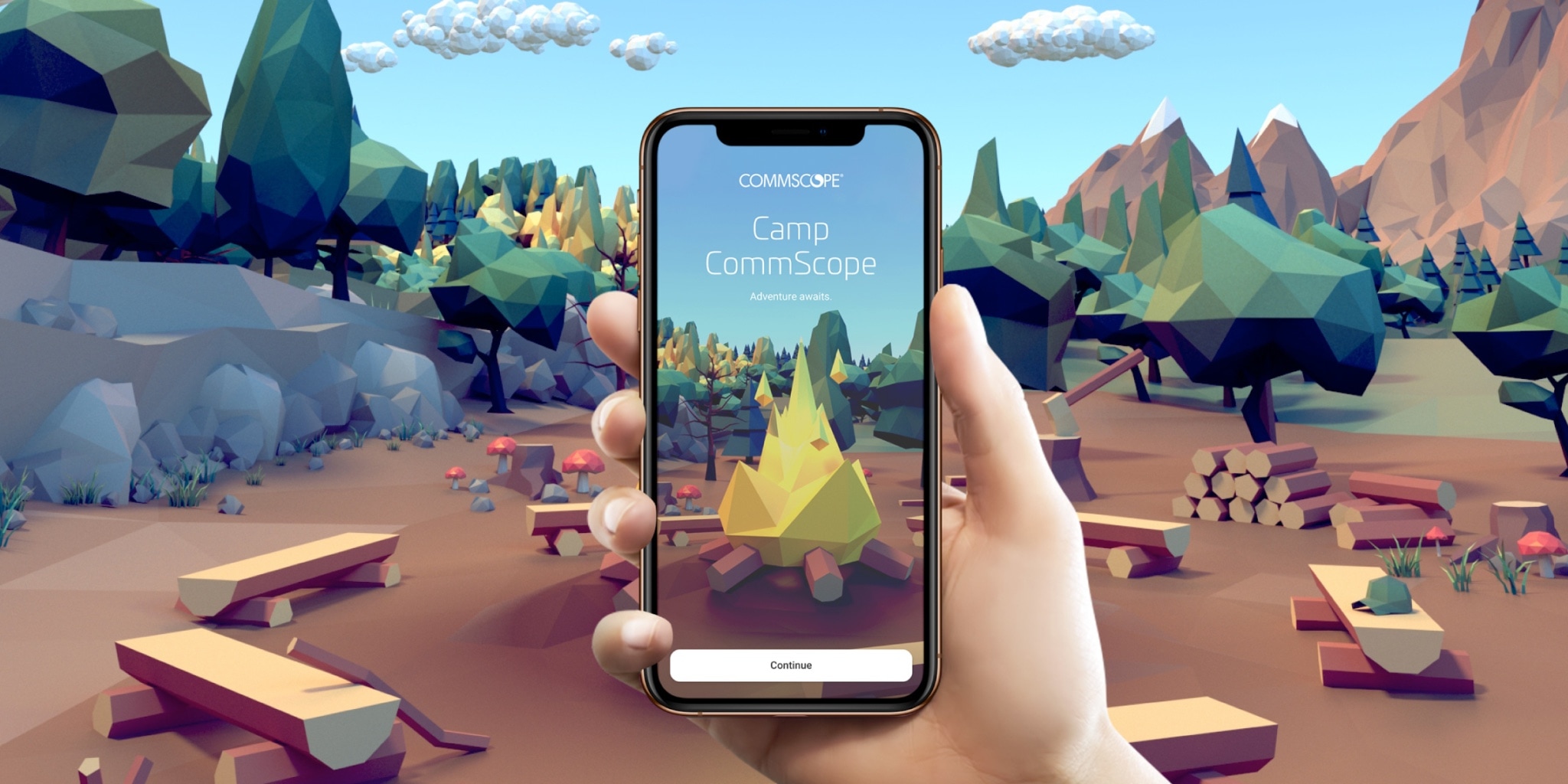 Mobile phone displaying the Camp CommScope app created to offer a new type of Interactive online educational tool, one with games, and 3-D active participation, moving beyond tried, traditional training methods.