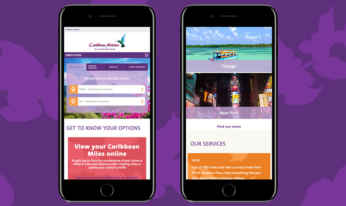 Two mobile phones featuring a purple background and showcasing a redesigned travel website.