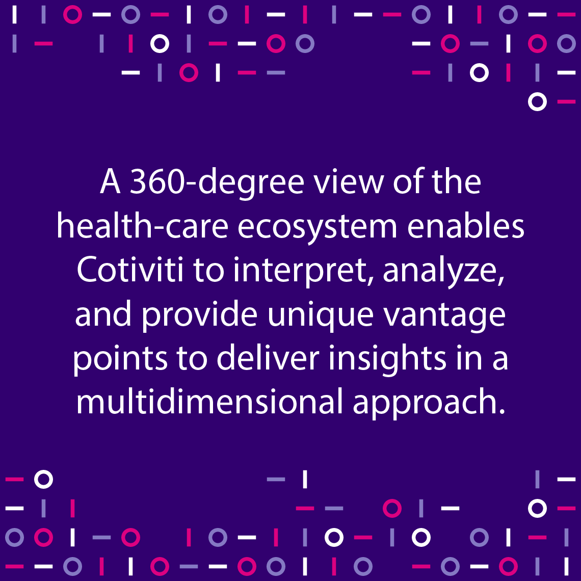 A 360-degree view of the health-care ecosystem enables Cotiviti to interpret, analyze, and provide unique vantage points to deliver insights in a multidimensional approach.