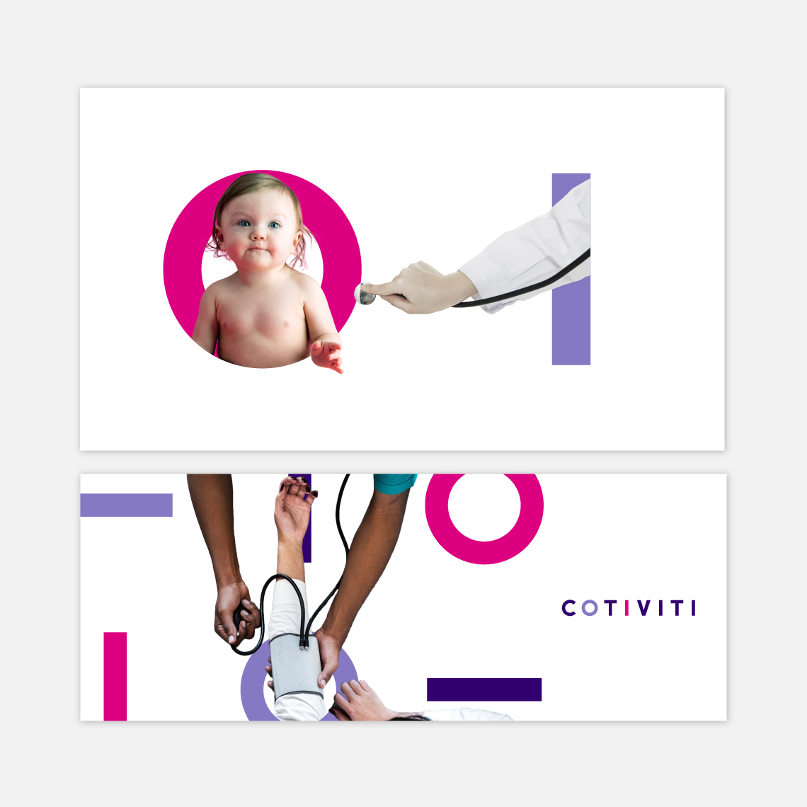 two horizontal banners showing examples of the brand identity developed for Cotiviti