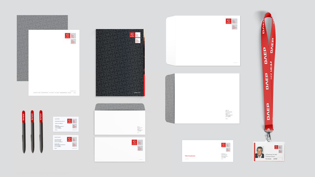 Examples of printed material including letterhead, brochure, folders, business cards and ID cards