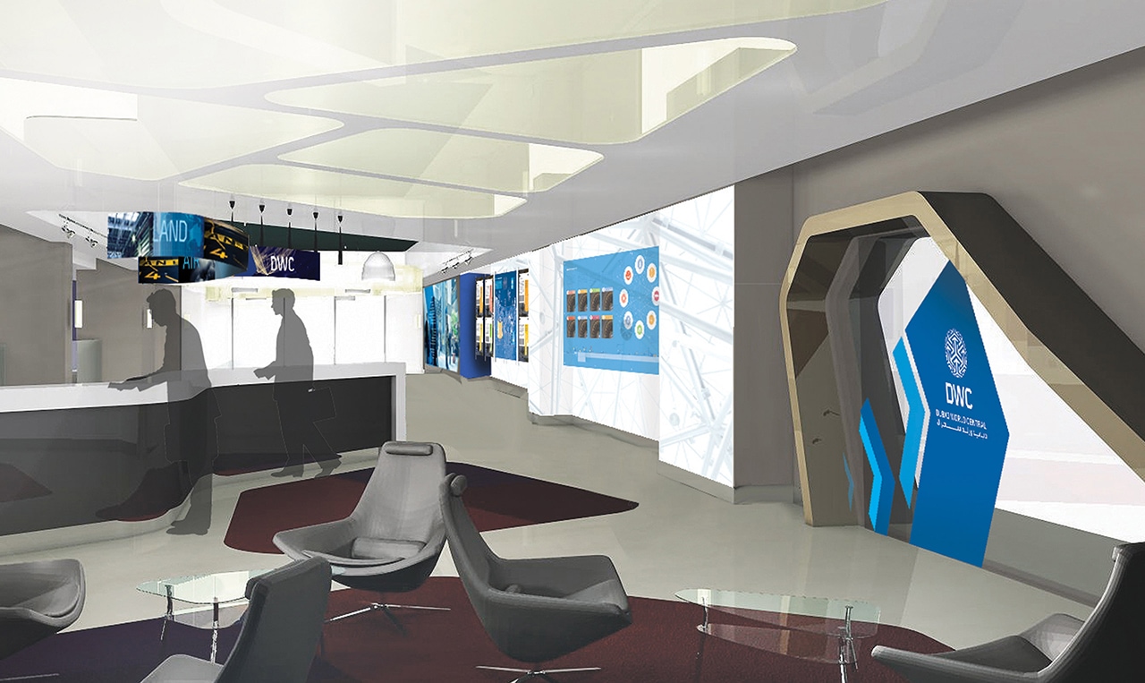 A rendering of the environmentally-designed lobby of an office building.