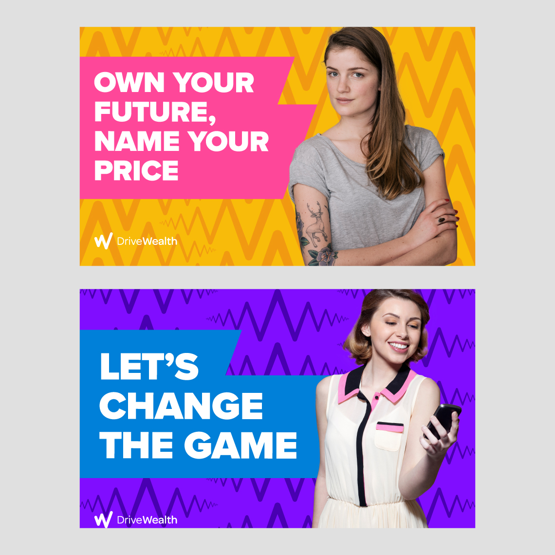 a collage showing two examples of the messaging and brand identity integration developed for DriveWealth