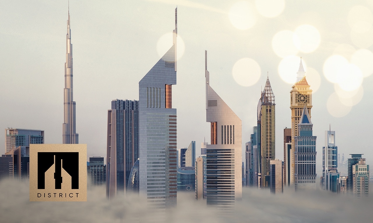 the skyline of prime space in the immediate vicinity of Dubai’s CBD with the logo of Emirates Towers District
