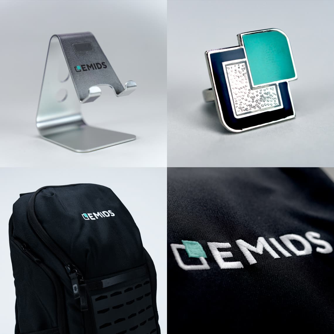 Examples of marketing materials incluiding tablet stands, pins, baseball caps and sweaters