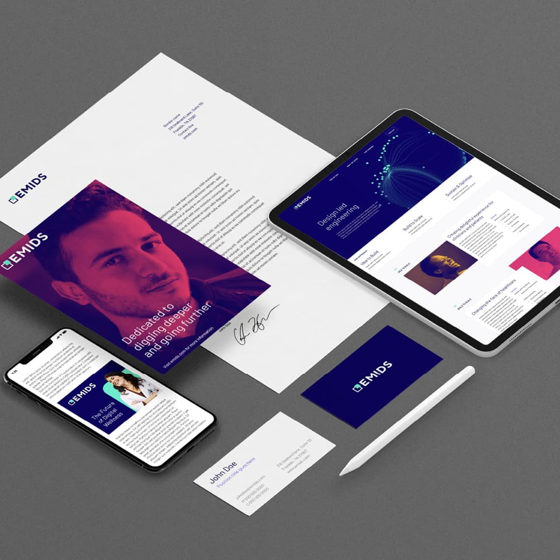 The design system used in a variety of elements: letterhead, Website, mobile application, folder and business cards