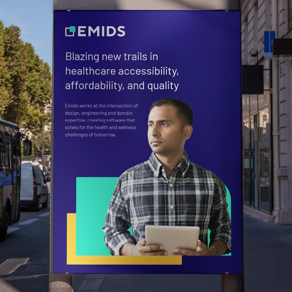 Example of a vertical out-of-home ads showing how to apply the design system for Emids