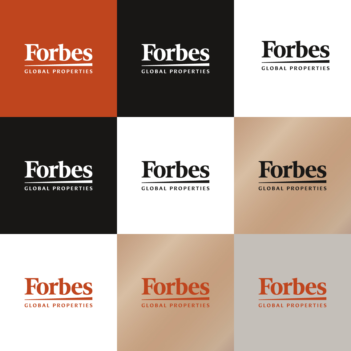 The logo developed for the Forbes brand, applying the different color combinations of the palette and showing the allowed uses.