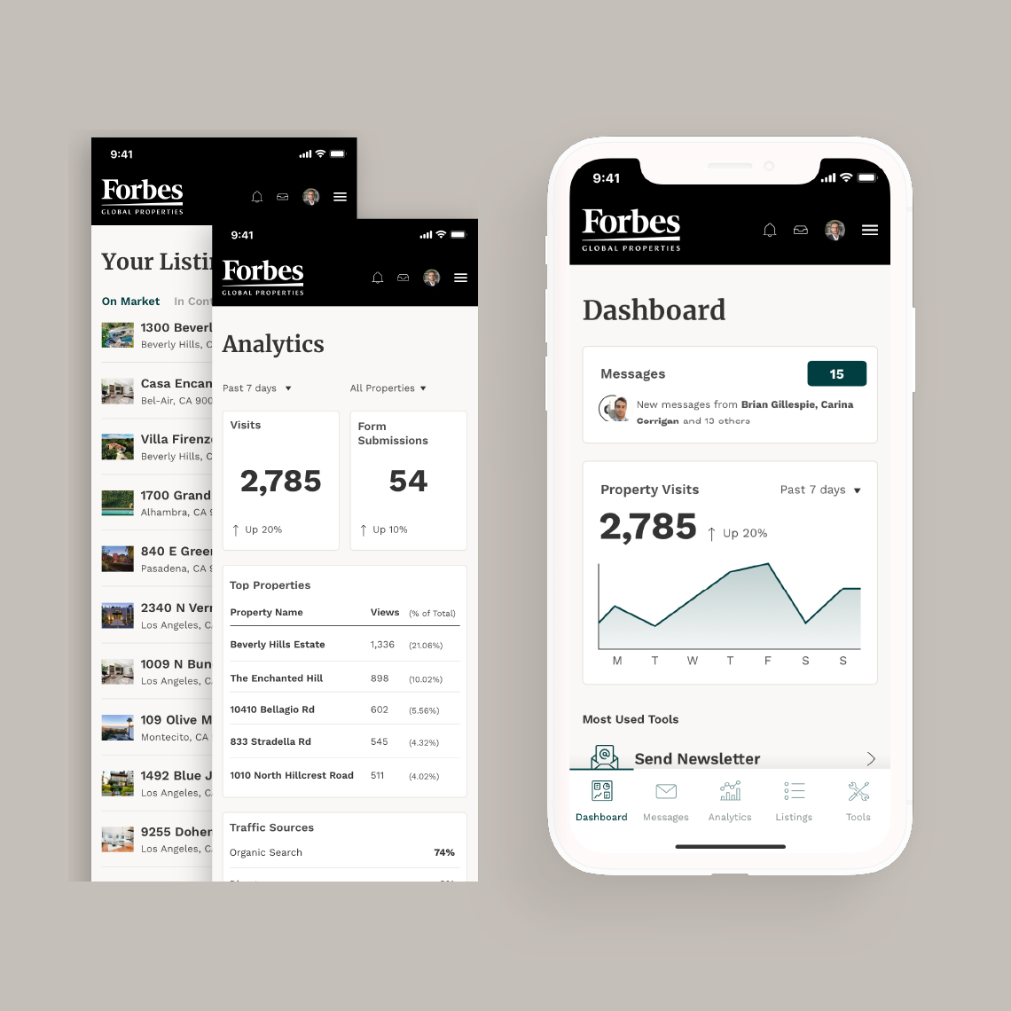 Mobile layout of the website developed for Forbes Global Properties, showing varies types of contents: listing, details and graphics