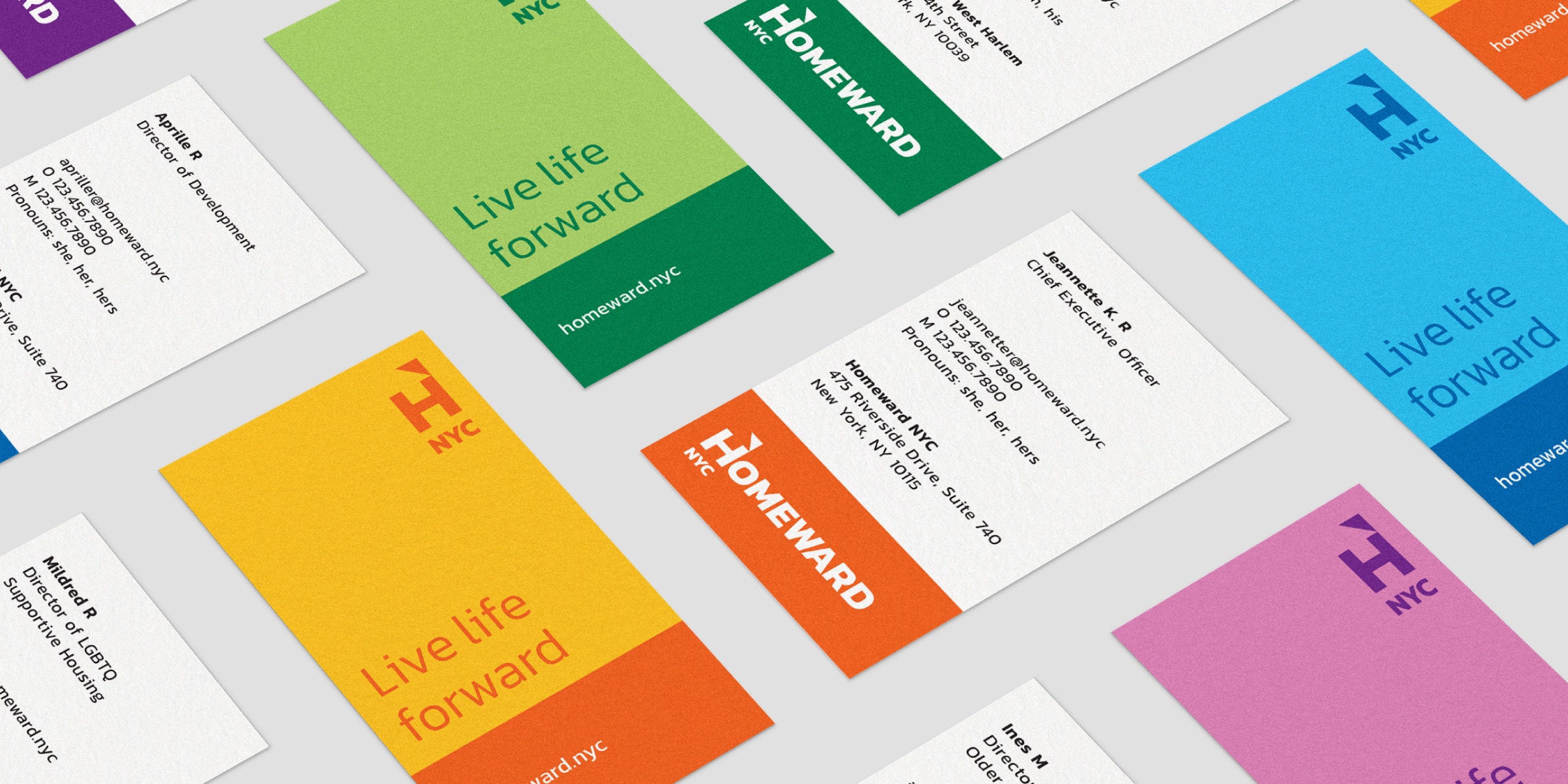 Examples of business cards showing how to apply the brand identity developed for Homeward NYC