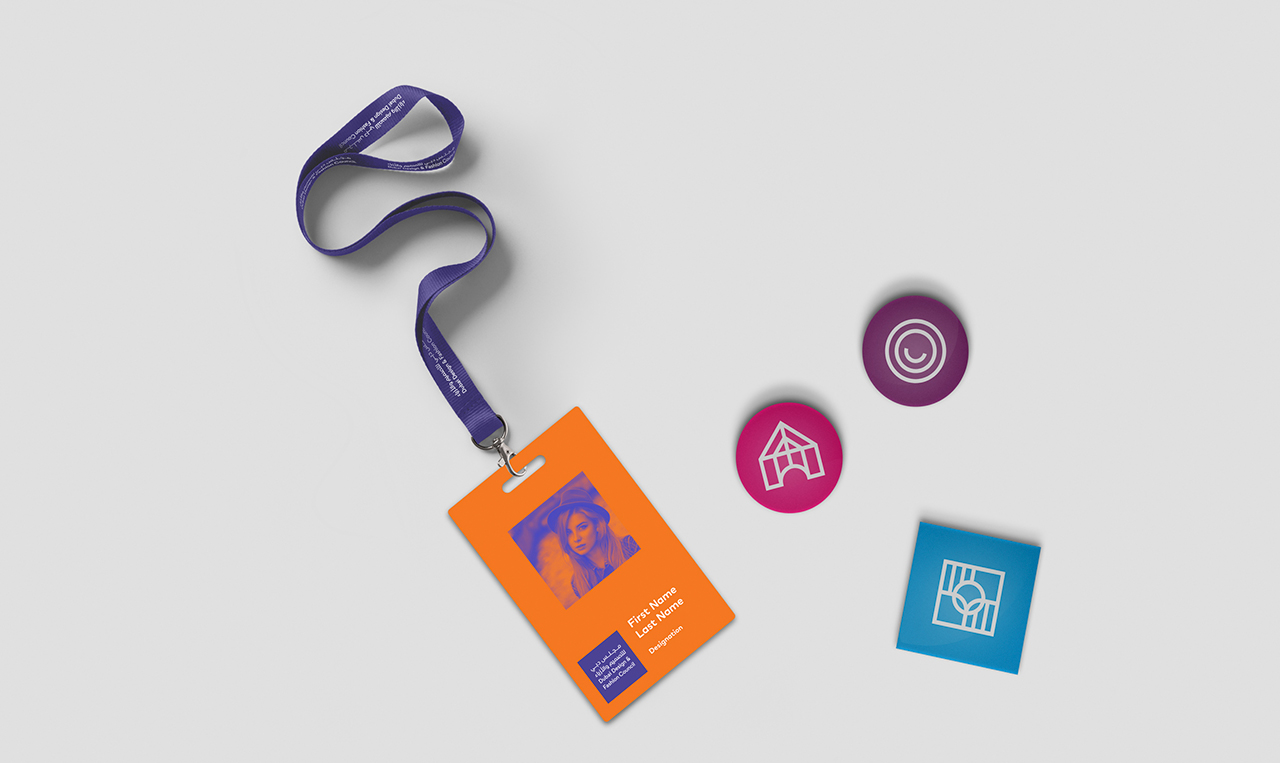examples of the brand identity designed and developed for Dubai Design and Fashion Council applied to ID card and stickers