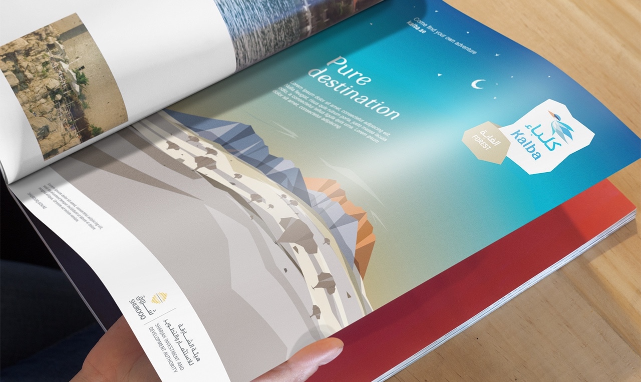 A page of a magazine showing how to apply the design system developed for The Kalba Eco-Tourism Project