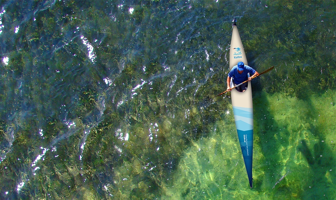 a kayak seen from above with the design system painted