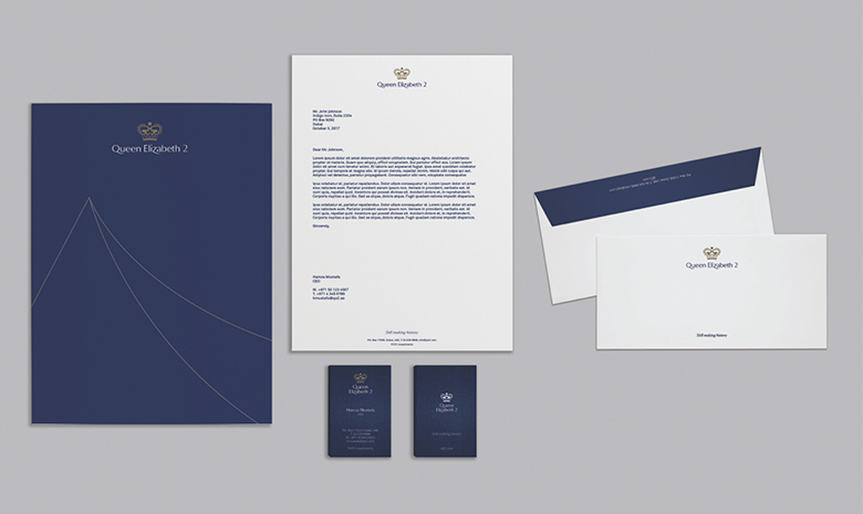 different elements of the brand identity developed for QE2: letterheads, business cards, and envelopes