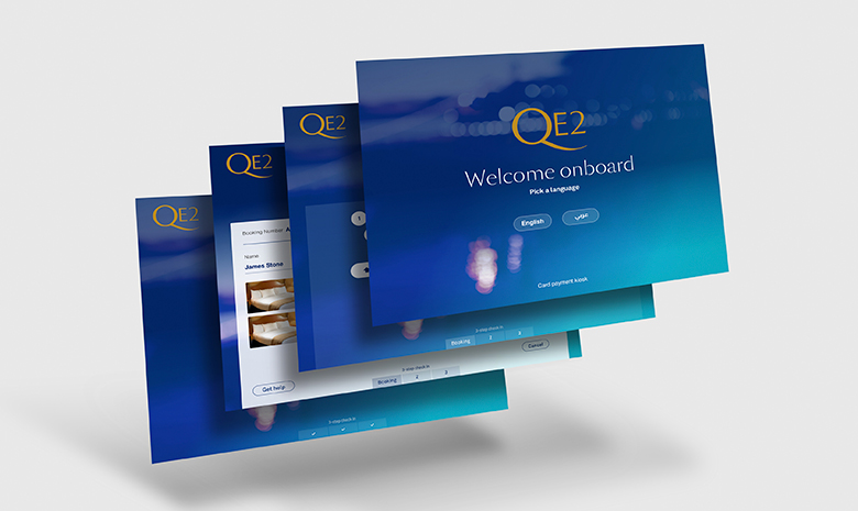 different elements of the brand identity developed for QE2 applied to multimedia screens