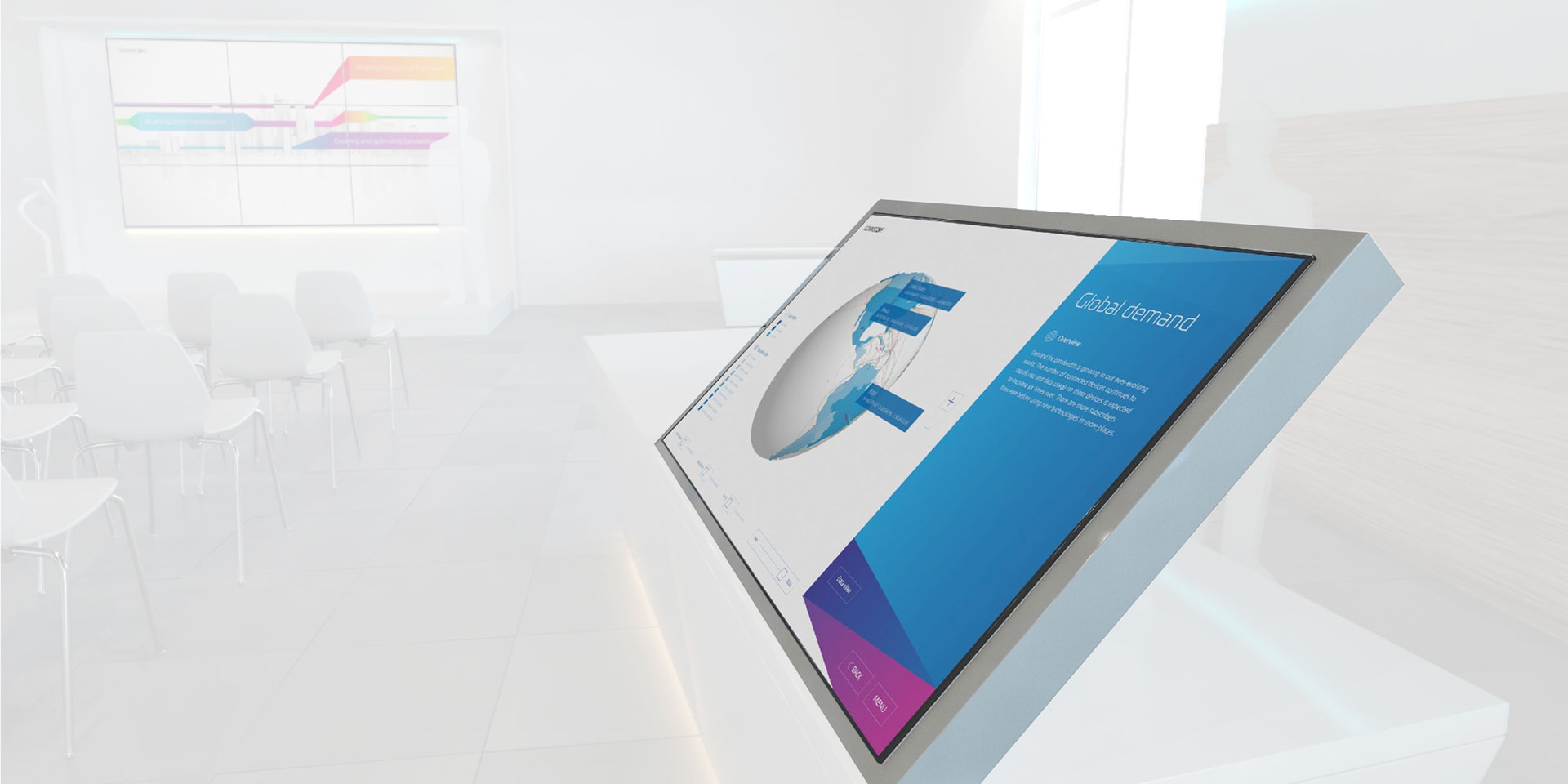 Interactive kiosks with a screen that uses PresentationOS to provide users with in-depth insight into the CommScope brand, products, and benefits.