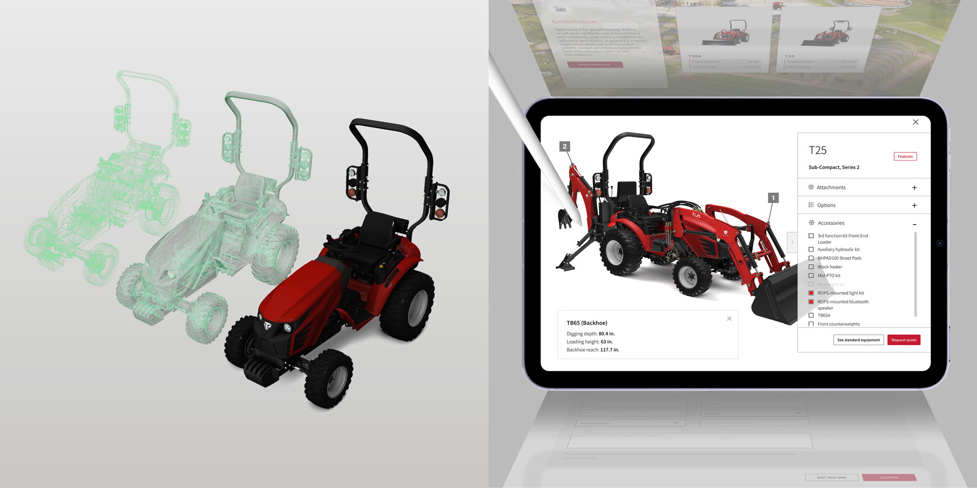 Examples of 3D utility tractor models and specification screens showing how product details are displayed