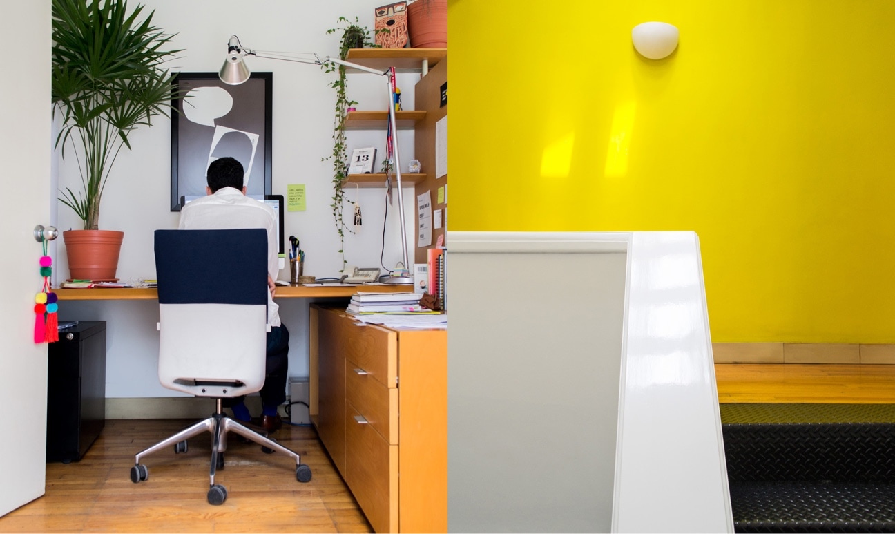 Two pictures of an office with yellow walls and a man sitting at a desk.