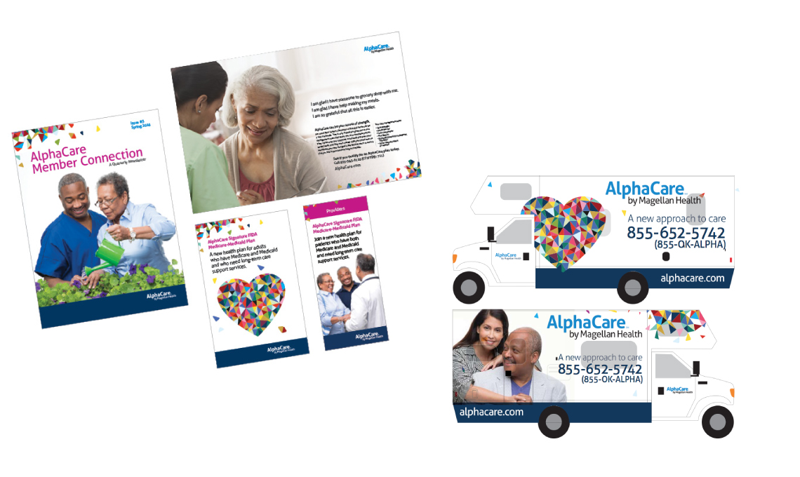 Examples of the design system developed for Magellan Health applied to printed material