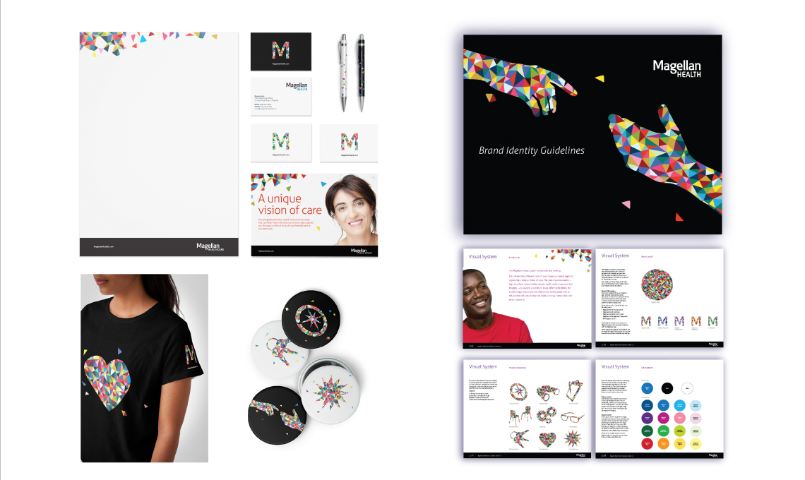 examples of the design system designed and developed for Magellan Health applied to a series of pieces such as letterheads, business cards, corporate brochures and merchandised materials