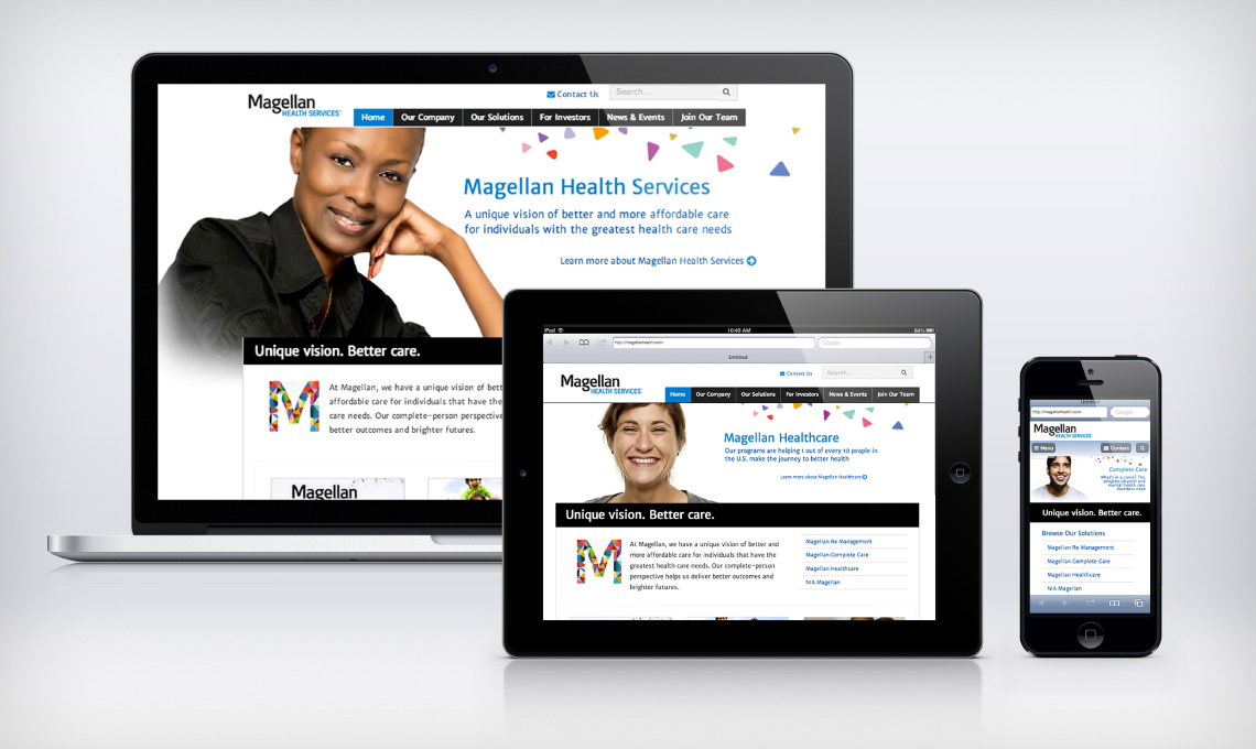 a laptop, tablet and mobile phone showing examples of the website designed for Magellan Health