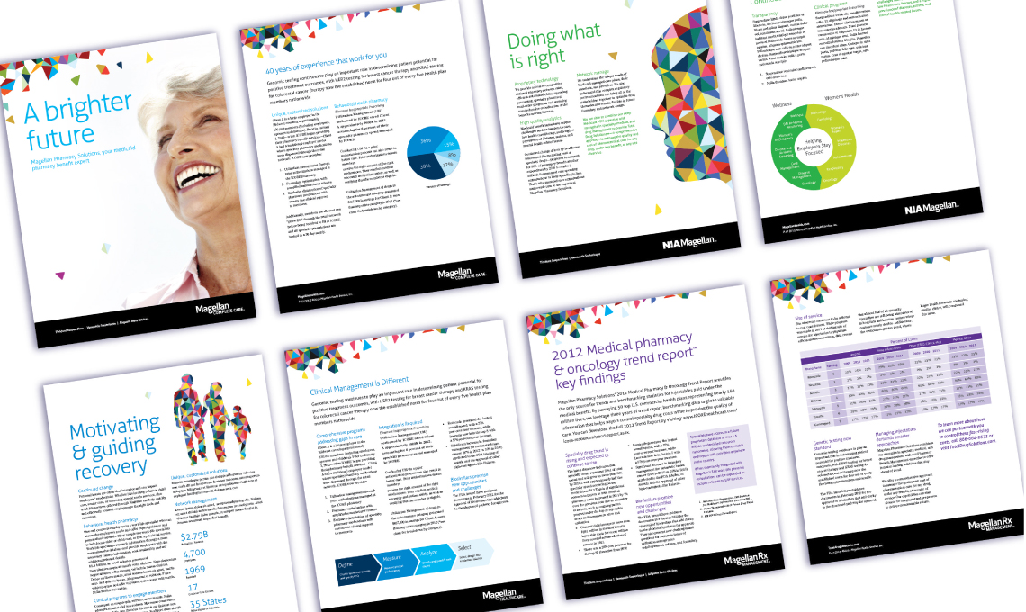 examples of the design system designed and developed for Magellan Health applied to a series of printed materials