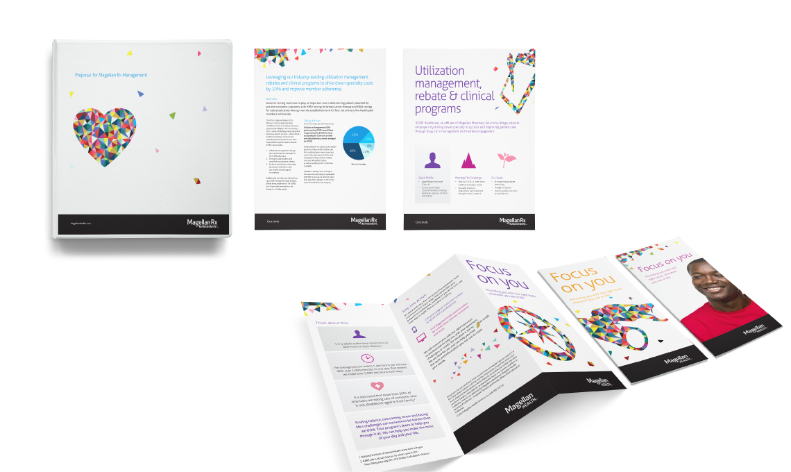 examples of the design system designed and developed for Magellan Health applied to a series of printed brochures