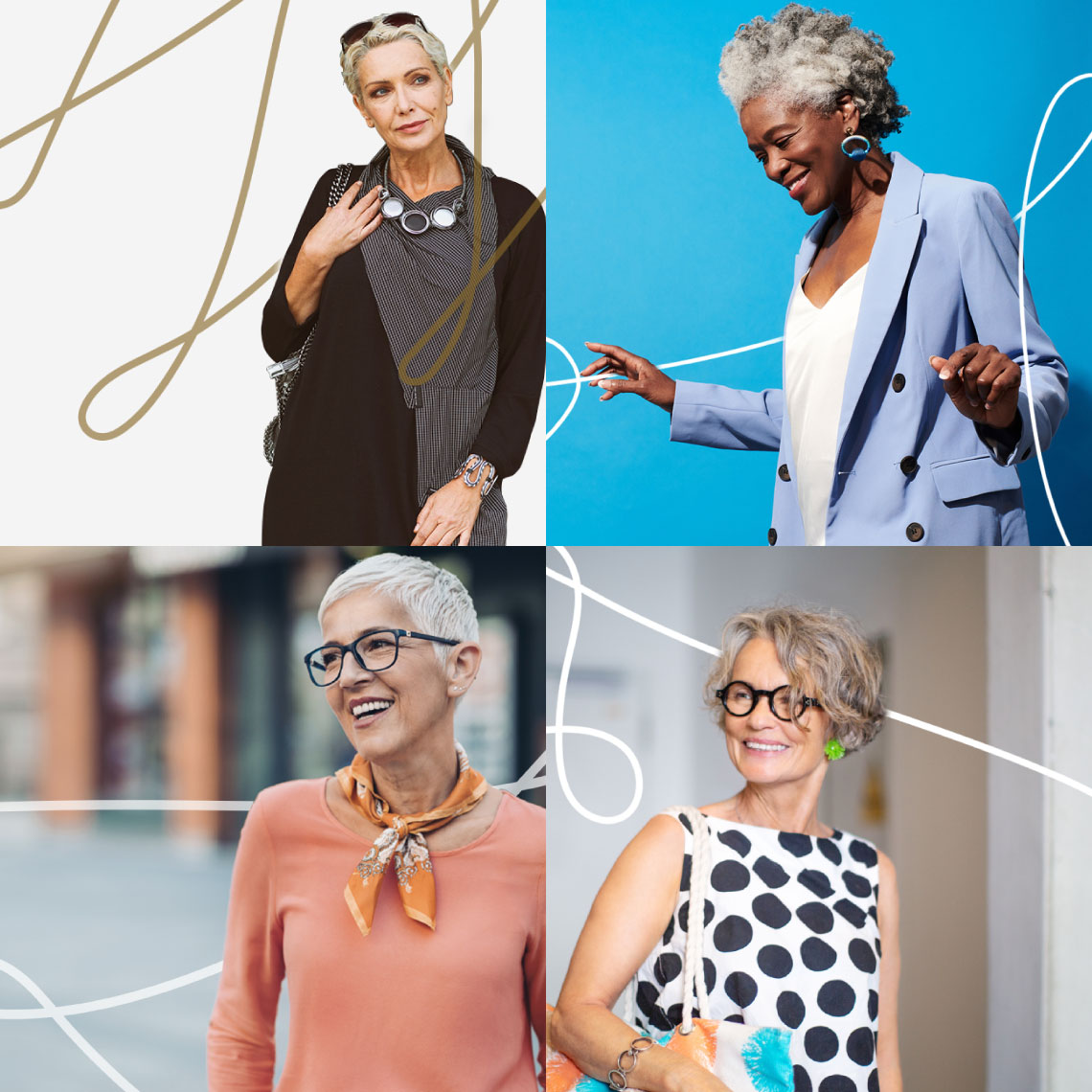 A collage of women wearing glasses and polka dots.