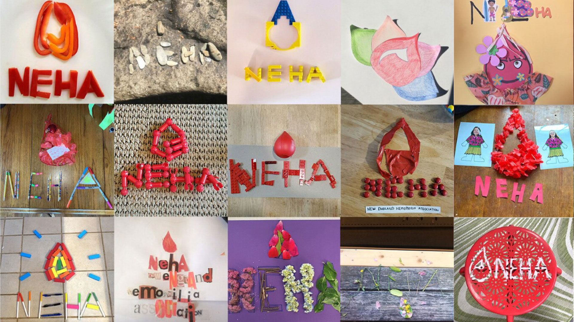 A collage of Neha logos created with different materials like vegetables, lego pieces, plastics, and letters