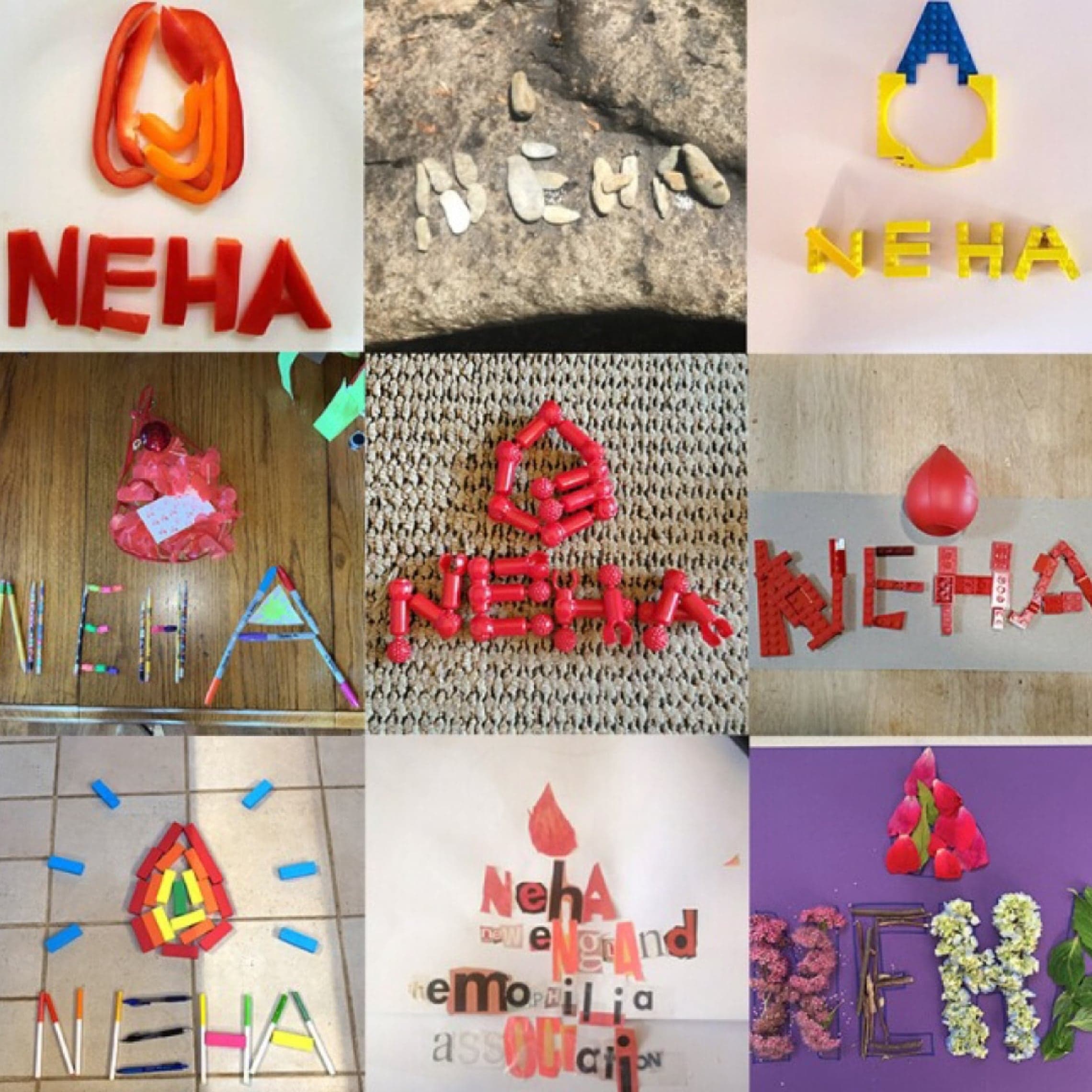 a collage of photos of various Neha logos made with different types of materials