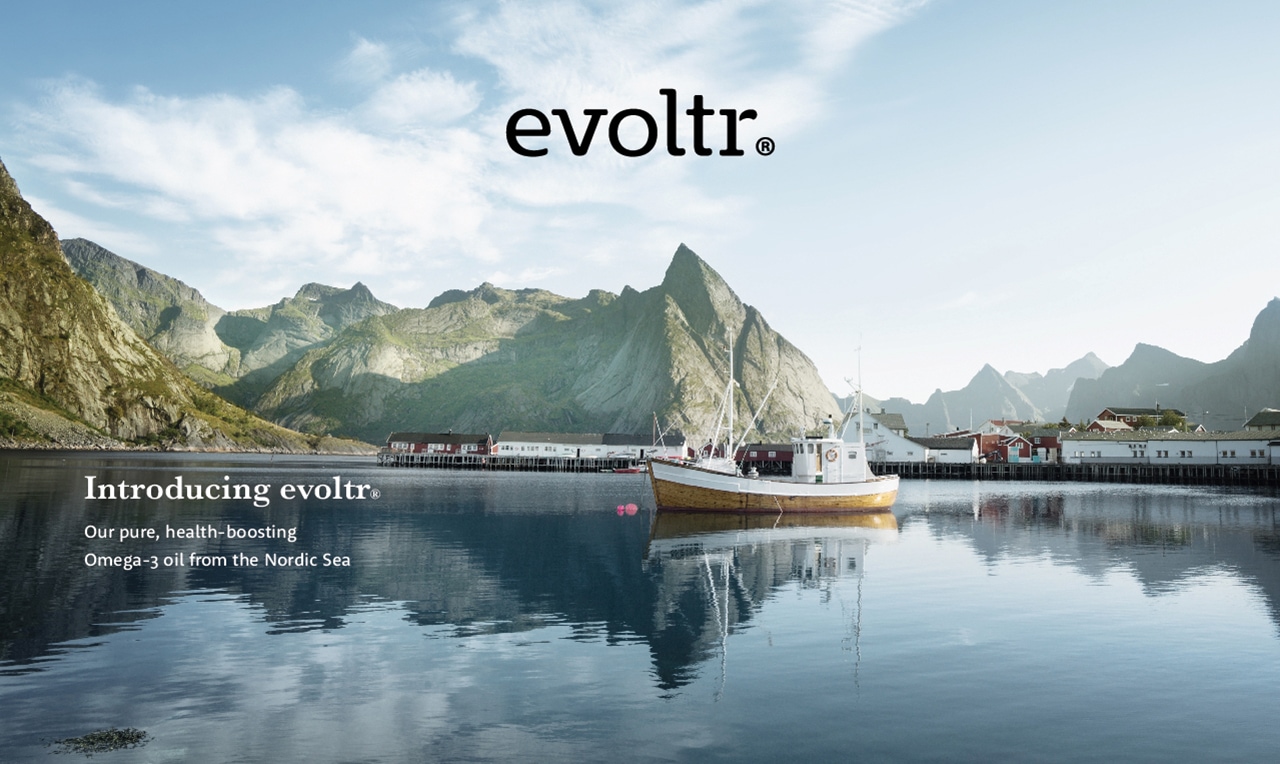 A Nordic lake with boats and mountains in the background with Evoltr logo