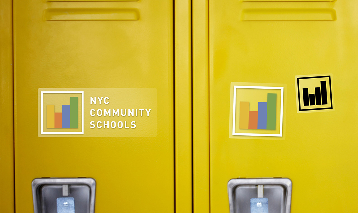 Two yellow lockers with the words nyc community schools on them.