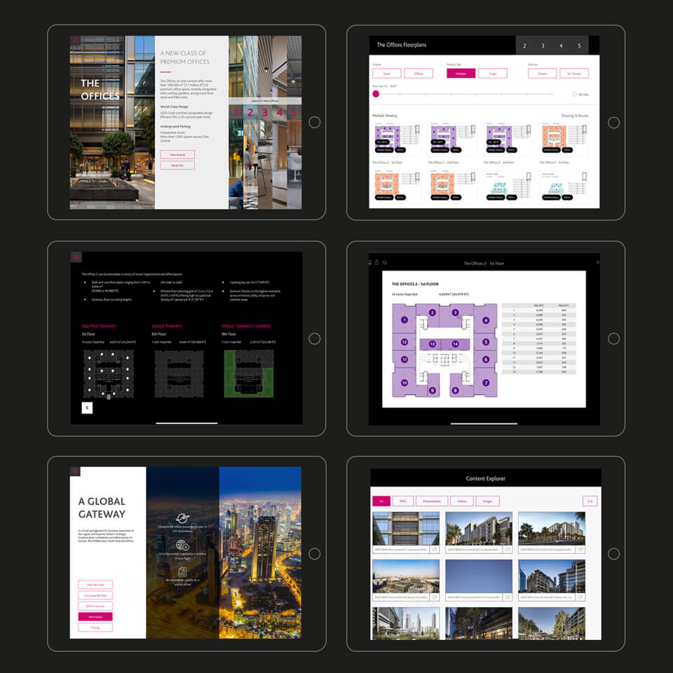 Examples of screen layouts developed with PresentationOS to present the benefits, amenities, and value of One Central and its prime location in Dubai.