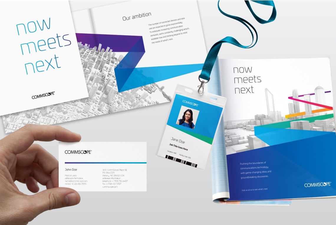 Examples of printed material including brochure, folders, business cards and ID cards