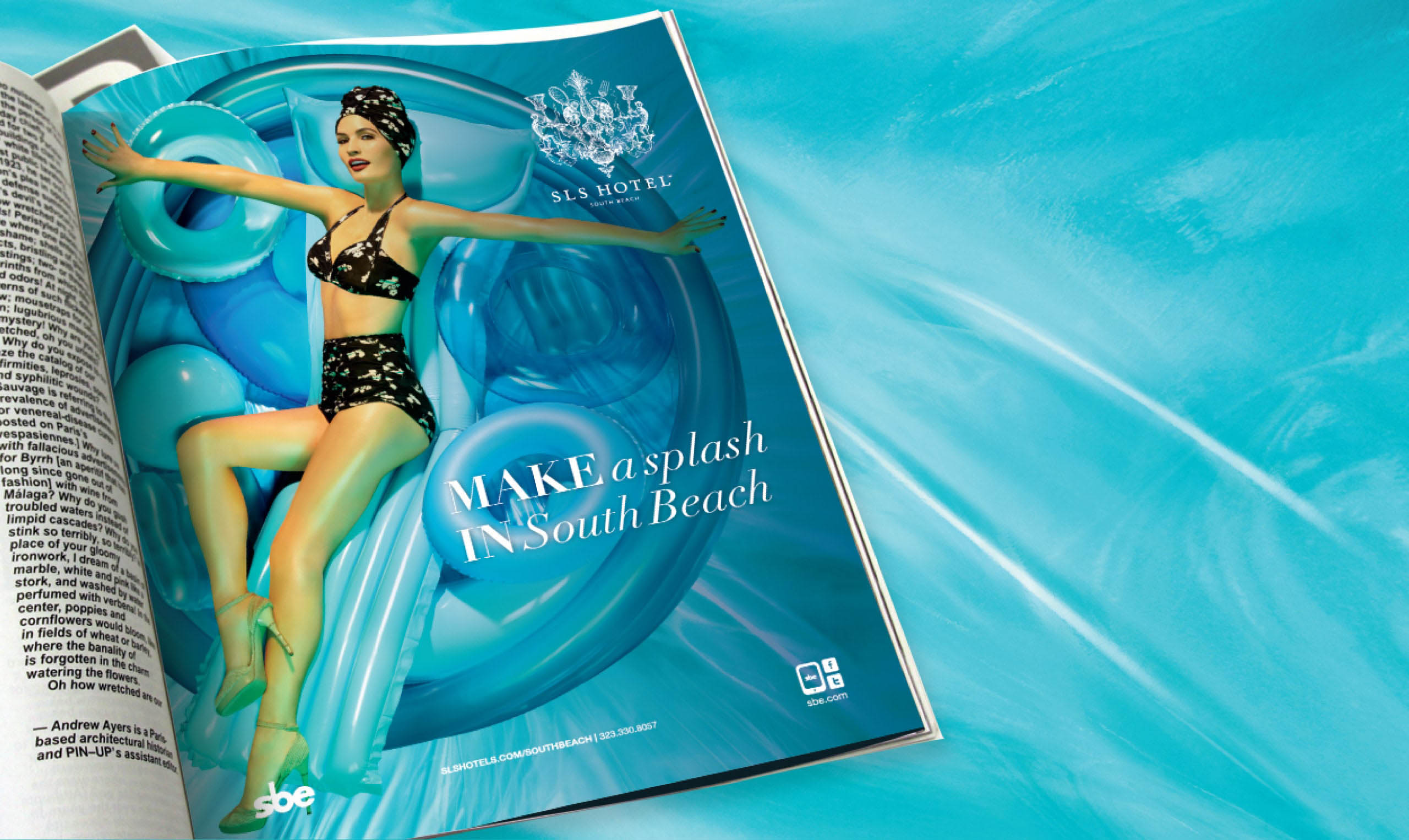 An open book showcasing brand development with an image of a woman in a bikini.