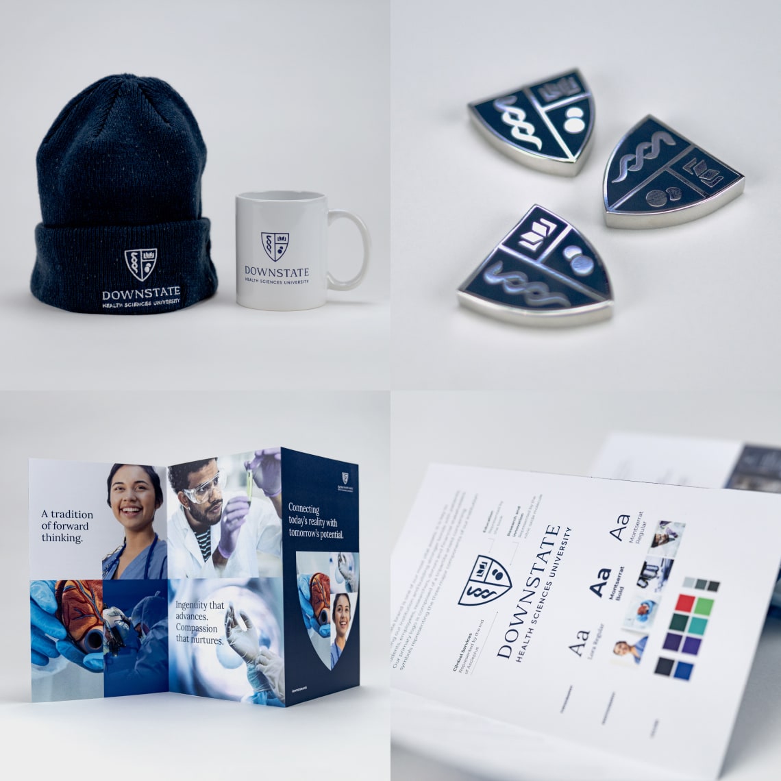 Examples of how the new design system developed for SUNY is applied in different pieces such as winter hats, mugs, pins, and folded brochures