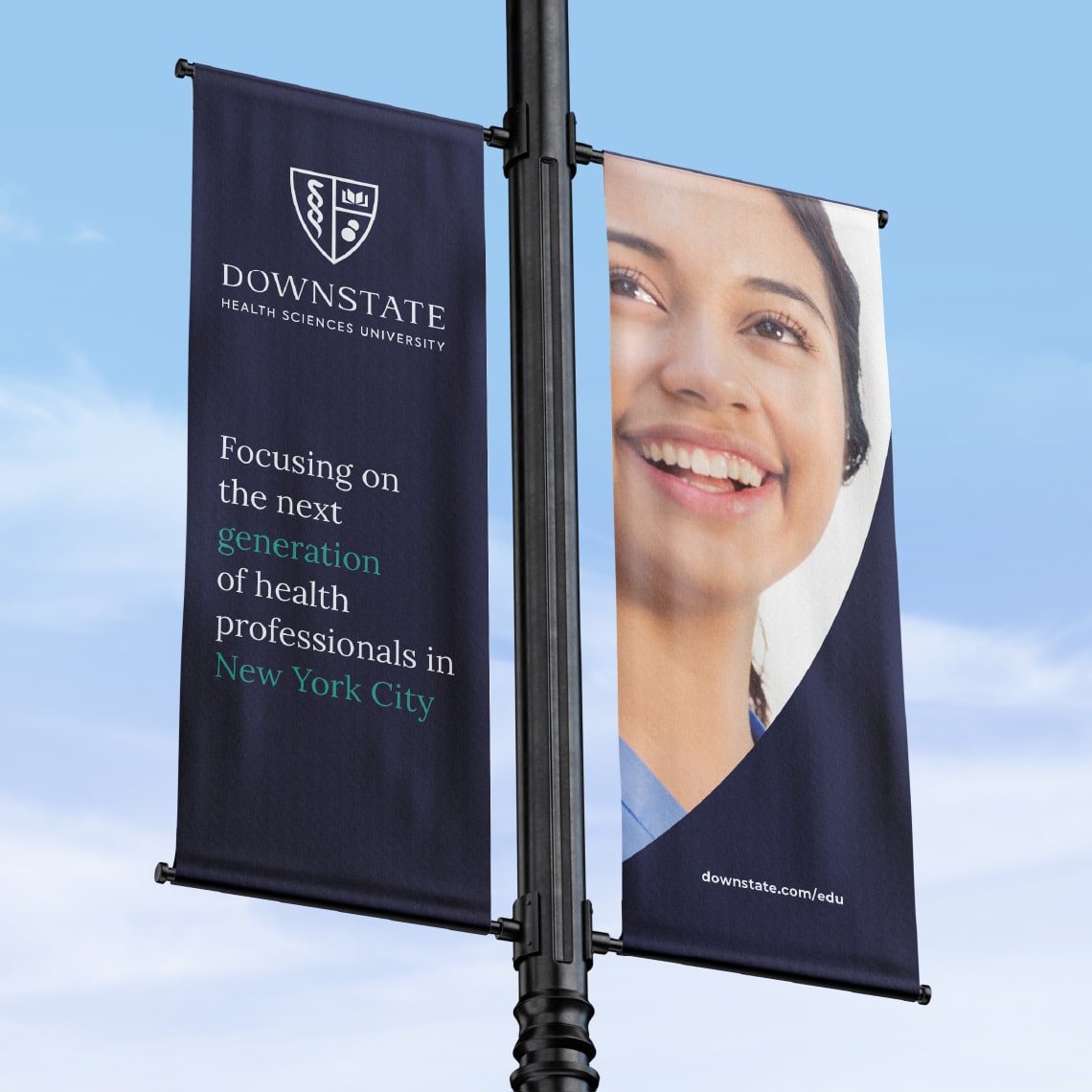 Two Flagpole vertical banners showing how to apply the brand identity developed for SUNY