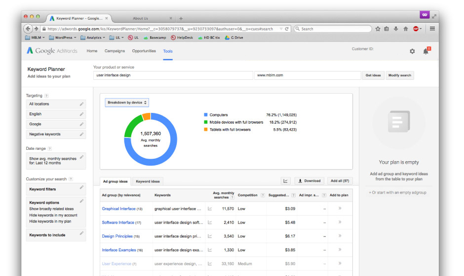 A screen shot of the search engine marketing dashboard in Google Analytics.