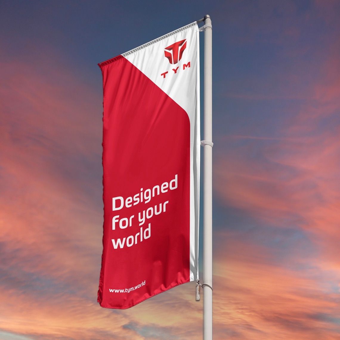 an example of the design system applied to a red and white flag with the words: "designed for your world" on it and theTYM logo at the top.