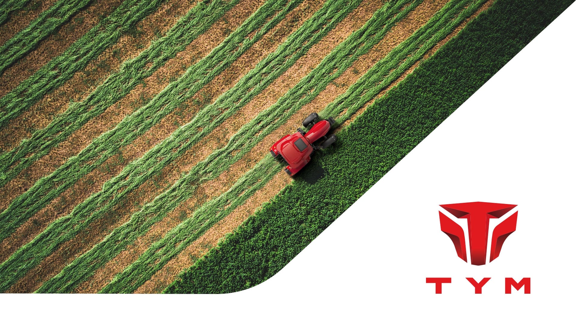 A red TYM tractor on a green field and the new logo developed for the TYM brand.
