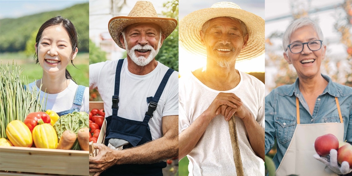 a collage of four happy farmers holding a box of fruits and vegetables, communicating how they can work smarter and be more capable by using a TYM tractor or machine