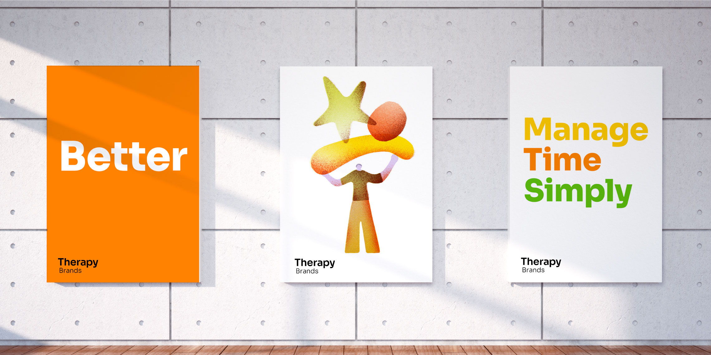 A wall with 3 examples of the design system applied in vertical banners