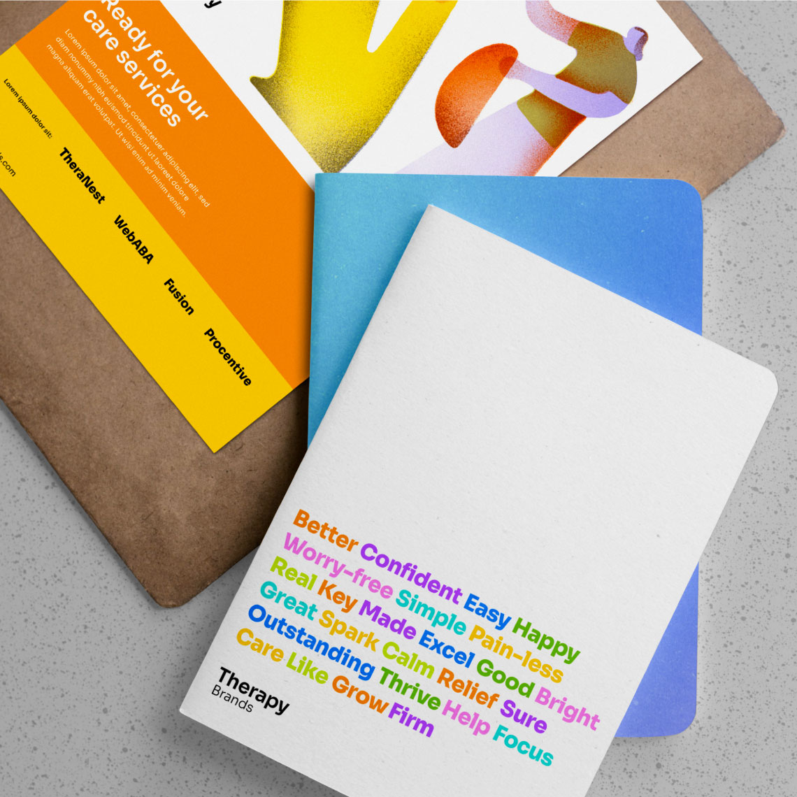 Different examples of the design system applied in printed banners and corporate folders