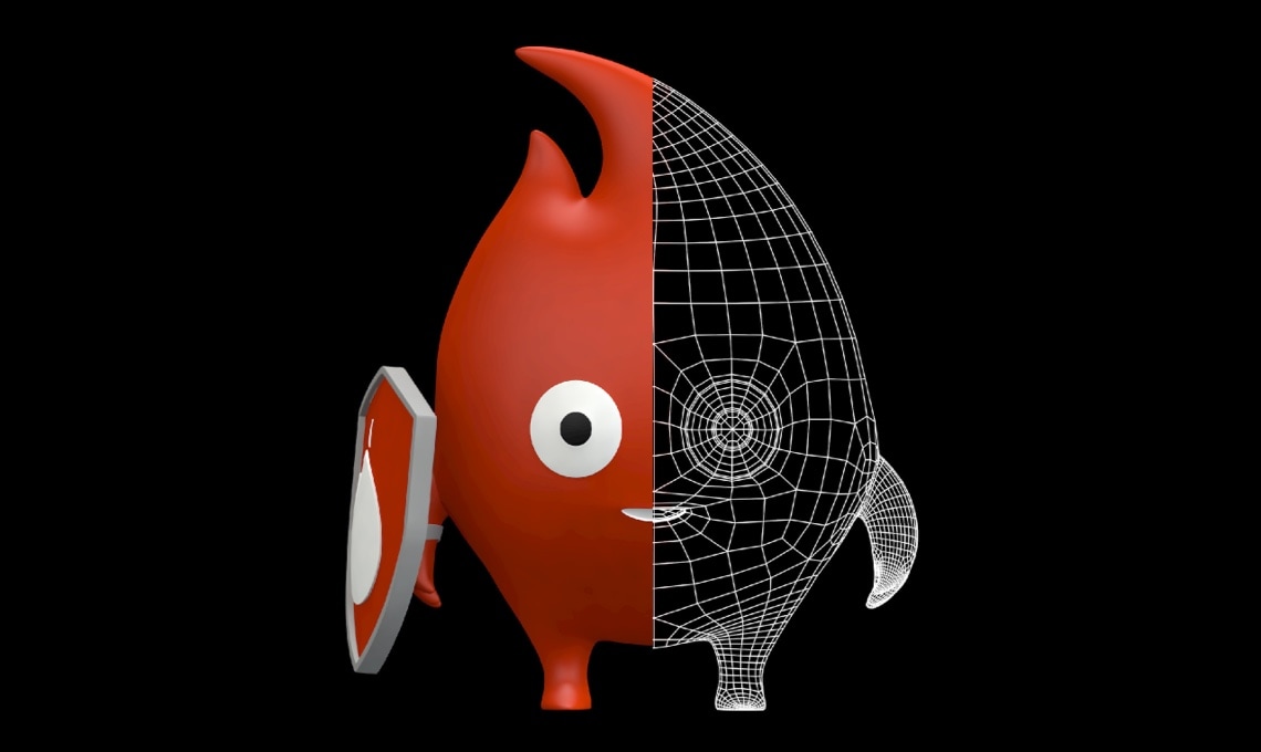 A 3d model of a red fish with a shield.