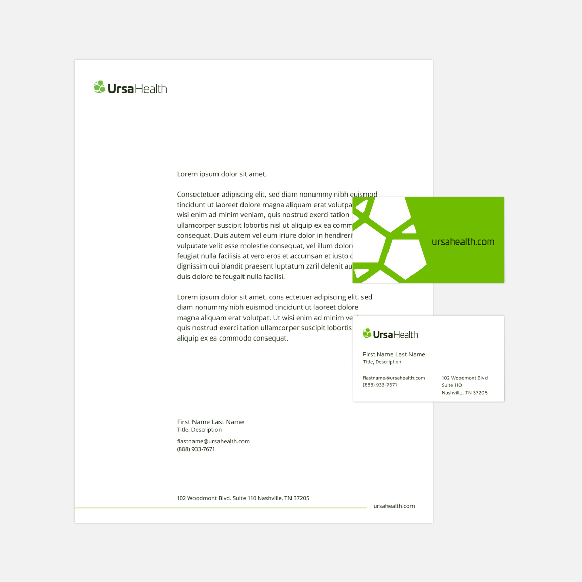 Examples of the design system applied to printed material including letter and business cards.