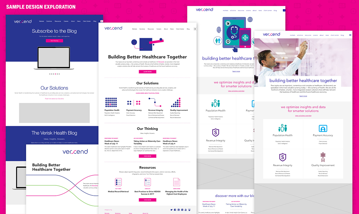 A pink and purple website with a variety of different pages.