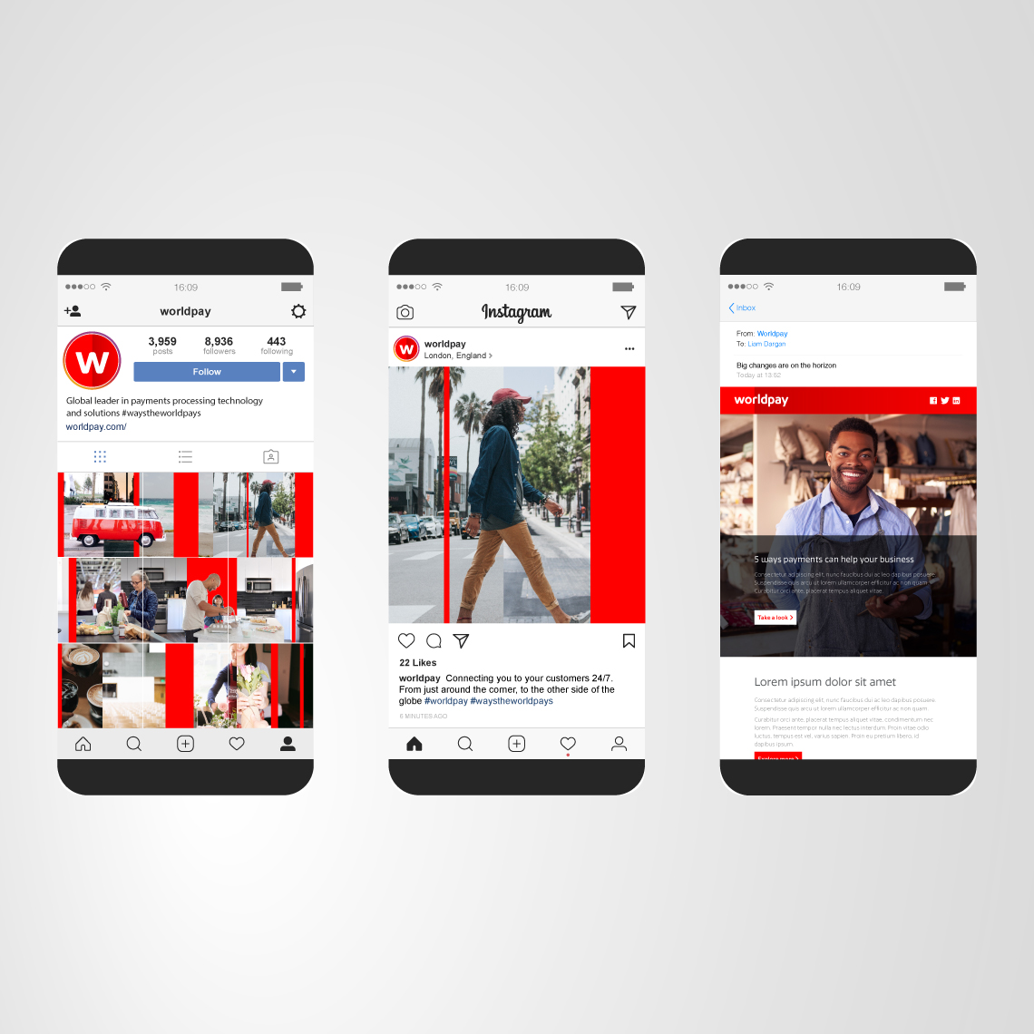 three mobile phones with examples of the brand identity developed for Worldpay applied in social posts